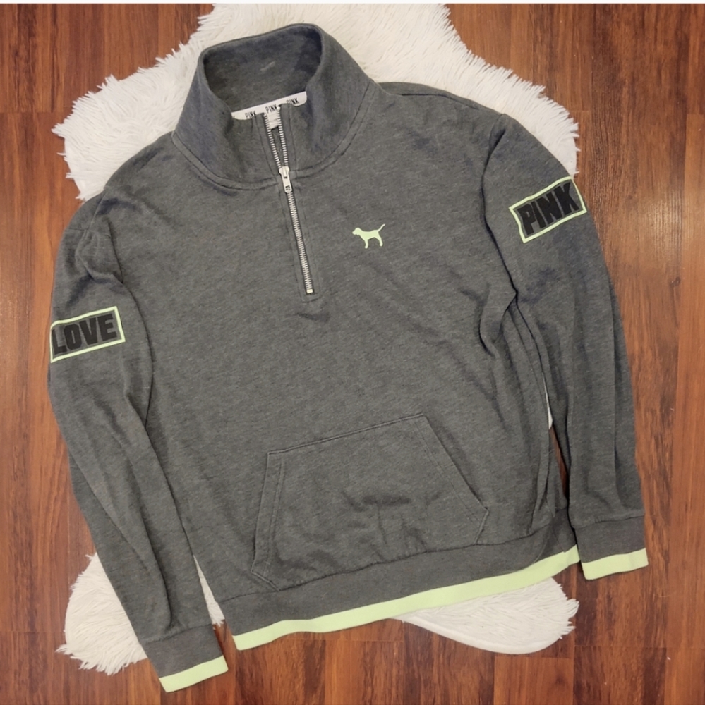 PINK Victoria's Secret Pull Over Partial Zip Sweatshirt Gray Neon Green